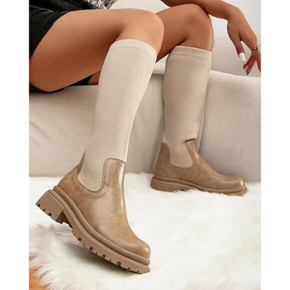 🆕 MOUSSE FIT Women’s Apricot Knee High Boots Chunky Heel Lug Sole Rubber - Picture 2 of 6